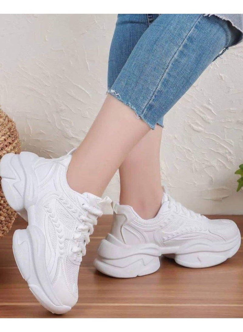 Women's white sneakers with a trendy and comfortable design for a stylish casual look. Women's white shoes with a comfortable thick sole for everyday wear. Women's white sneakers with a modern design and a high sole for comfort and stability in daily walking. Code 5000 - Image 1